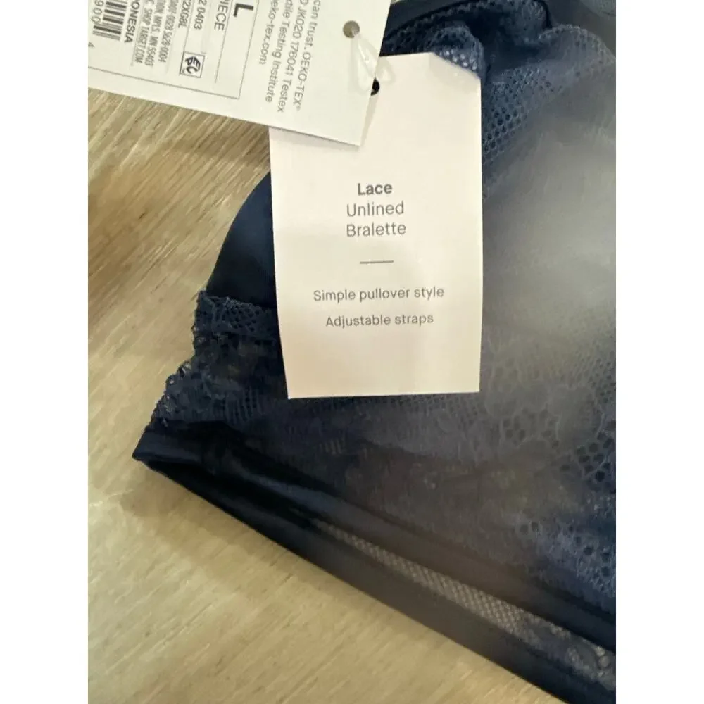 NWT Auden Women's Satin & Lace Longline Unlined Bralette Navy Blue Size Large
